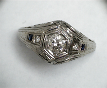 Antique 18 Karat white gold and diamond ring. Circa 1920s. Made in America. Nobel Gems, Inc. Santa Monica