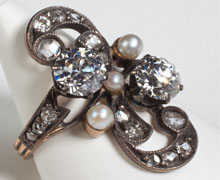 victorian silver top diamond and pearl ring