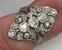  Antique platinum and diamond dinner ring, made by Tiffany & Company circa 1920's. Nobel Antique jewelry Store, Santa Monica.